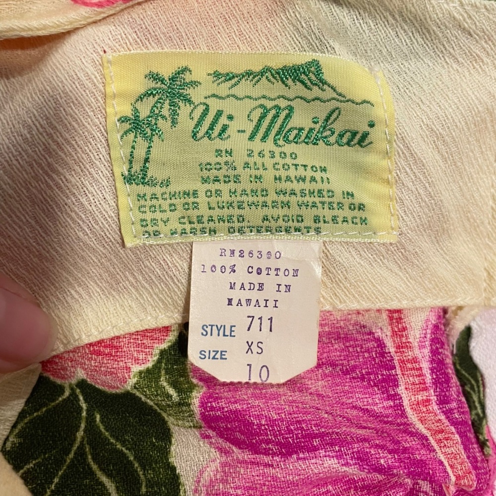 Vintage Ui-Maikai Hawaiian Maxi Dress XS Hibiscus Floral 1960s Cream Pink Empire - Picture 5 of 5